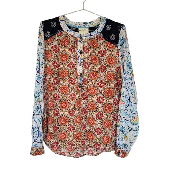 Anthropologie Maeve Floral Colorblock Blouse Multicolor Women Size 4 Rayon Boho - Picture 1 of 14